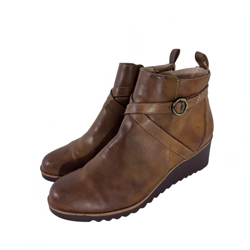 Life Stride Whisky Brown Faux Zinfandel Leather Wedge Ankle Boots